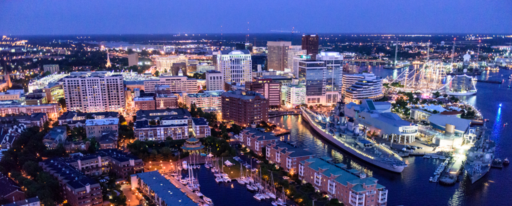 Downtown Harbor night view of Norfolk, Virginia